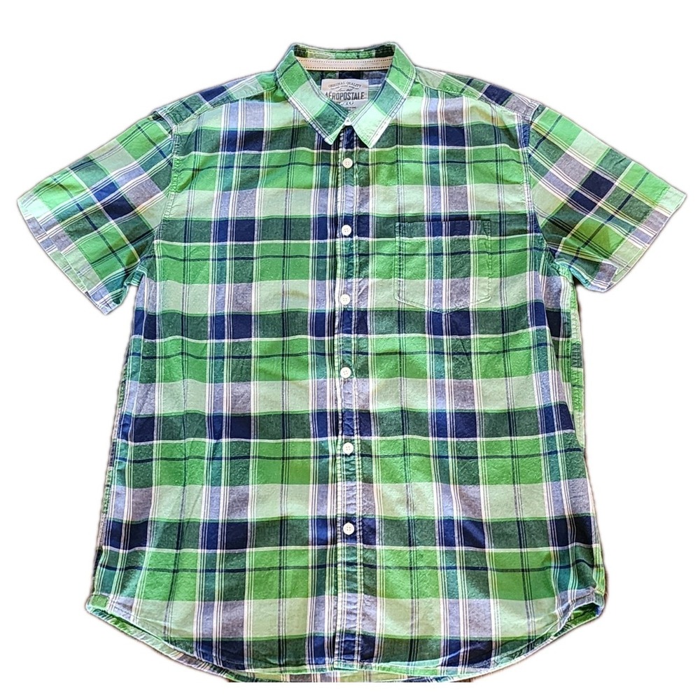 Aeropostale Men's Shirt, Size XL, Green Plaid, Button Down, Short Sleeve, Cotton